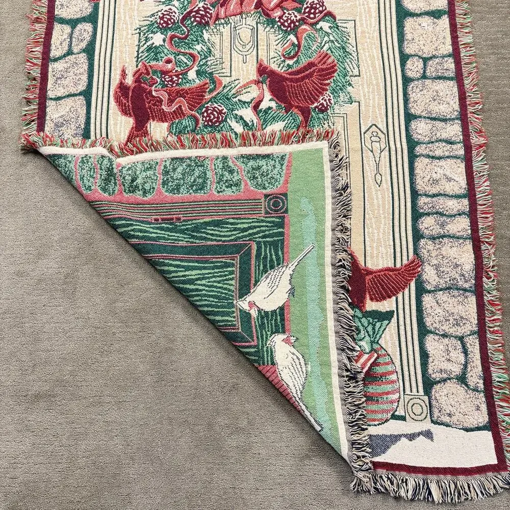 Vintage MWW 1993 Christmas Woven Tapestry Throw Blanket Wreath Cardinals 48 x 66